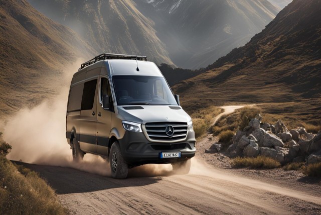  A new Mercedes Benz Sprinter van driving confidently on a rugged dirt road, showcasing its versatility and performance.