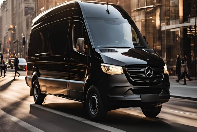 A black Mercedes-Benz van glides down a city street, framed by gleaming glass buildings under the daylight sun. As you observe, remember the do’s and don’ts of van rentals to ensure a smooth journey through urban landscapes.