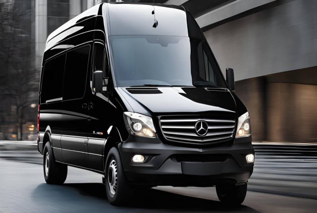  Image of a Mercedes-Benz Sprinter van, showcasing its spacious interior suitable for 8 to 15 passengers.