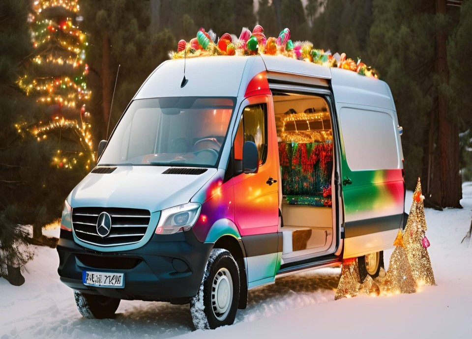 A Mercedes-Benz Sprinter decorated with vibrant Christmas lights, bringing holiday spirit to Myrtle's festive landscape.