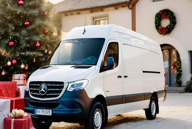 Festively adorned Mercedes-Benz Sprinter van parked, prepared for Christmas deliveries in Miami.