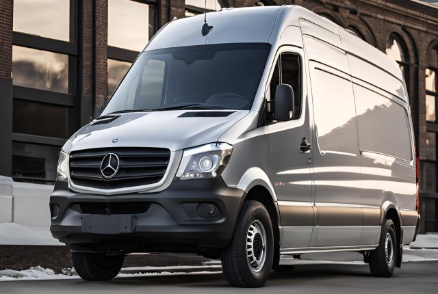 A Mercedes-Benz Sprinter parked in front of a building in Aurora, showcasing its sleek design and functionality.