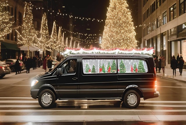 A black van decorated with holiday lights and window displays of trees and Santa hats is parked on a city street at night, capturing the festive spirit of Christmas in Chicago, with a large illuminated Christmas tree shining brightly in the background.