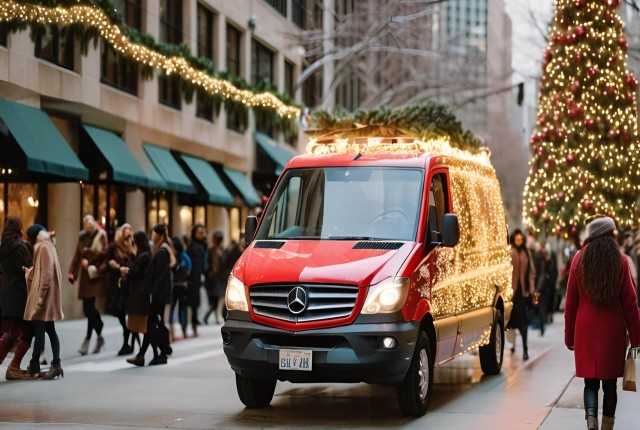 Festive Mercedes-Benz Sprinter van parked, prepared for Christmas deliveries in beautiful Colorado.