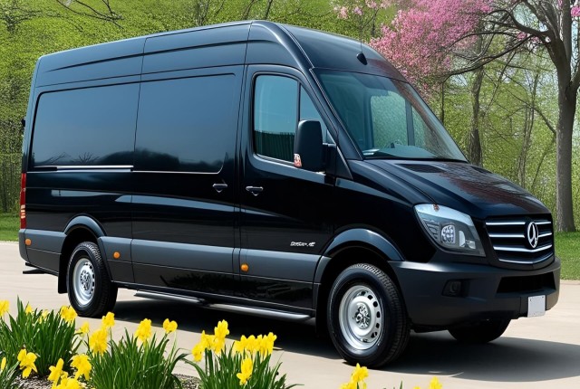 Black Mercedes-Benz Sprinter van parked on a driveway with yellow flowers in the foreground and trees in the background.